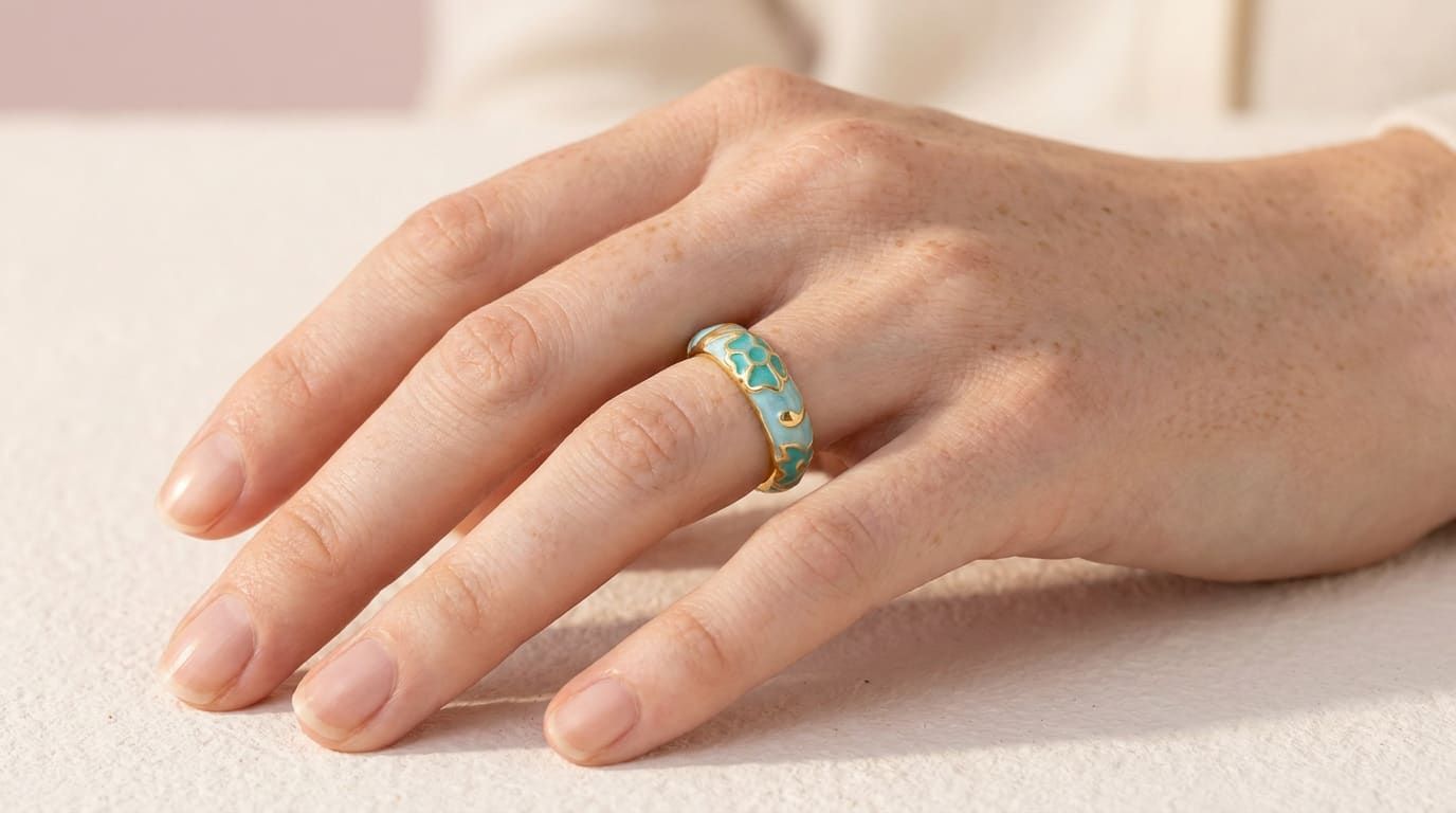 Main portant une bague émaillée