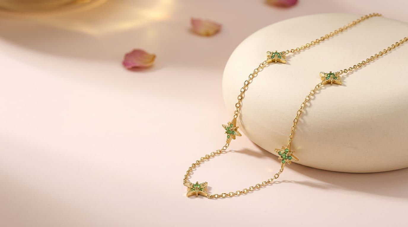 Collier doré à motifs étoiles serties de zircons verts, présenté sur un socle crème